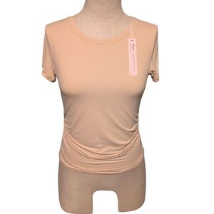 Nwt Qinsen Women's Tan Top Slim Fit Scrunch Sides Form Fitting Large